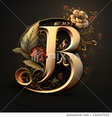 Golden letter B with floral ornament and flowers. 3D illustration. Golden letter B with floral ornament and flowers. 3D illustration. 130287545