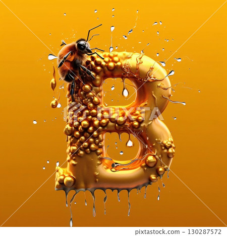 Letter B made of honey and honeycomb. Honey font. 3d rendering 130287572