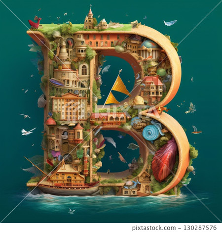 Alphabet letter B made of fairy tale houses on the water. 130287576
