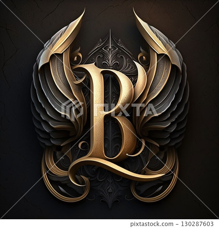 Luxury golden letter B with ancient ornament. 3D illustration 130287603