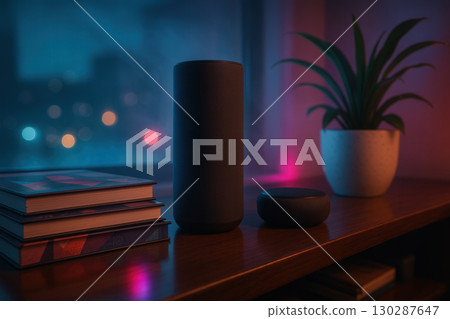 Smart Voice Speakers On Cozy Shelf With Ambient Neon Lighting Smart Voice Speakers On Cozy Shelf With Ambient Neon Lighting 130287647