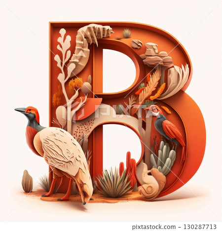Alphabet letter B with birds and shells, 3D illustration. Alphabet letter B with birds and shells, 3D illustration. 130287713