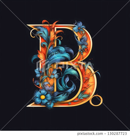 Vintage capital letter B with floral ornament in blue and orange. Vintage capital letter B with floral ornament in blue and orange. 130287723