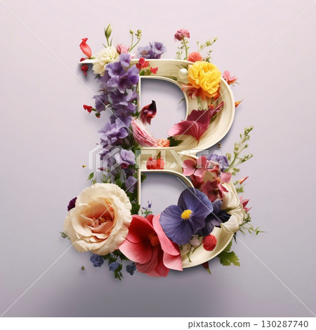 Letter B with flowers on purple background. Floral alphabet. Letter B Letter B with flowers on purple background. Floral alphabet. Letter B 130287740