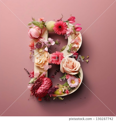 Letter B of the English alphabet made of flowers on a pink background Letter B of the English alphabet made of flowers on a pink background 130287742