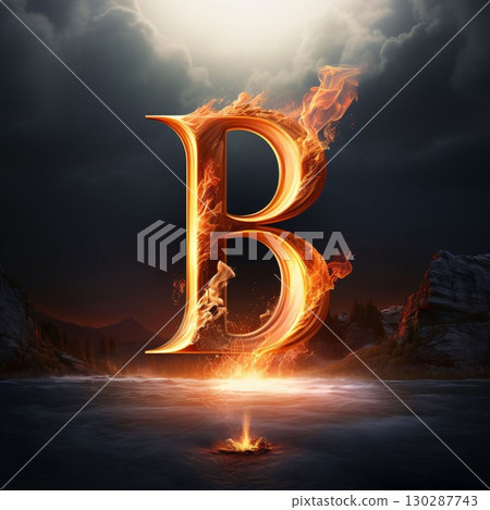 Burning letter B in the form of a flaming fire font. 130287743