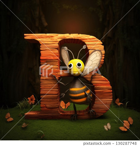 Bee with big letter B in the forest - 3d rendered illustration Bee with big letter B in the forest - 3d rendered illustration 130287748