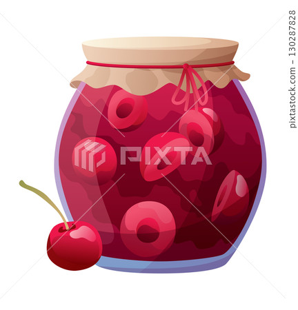 Jam jar with cherry. Homemade berries and fruit jam, natural organic product. Breakfast food, sweet fruit dessert vector illustration. Winter pot on white background 130287828