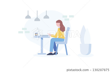 A woman who operates a laptop computer at a cafe A woman who operates a laptop computer at a cafe 130287875