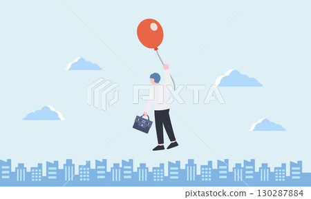 一名辦公室職員拿著氣球俯視城市 一名辦公室職員拿著氣球俯視城市 130287884
