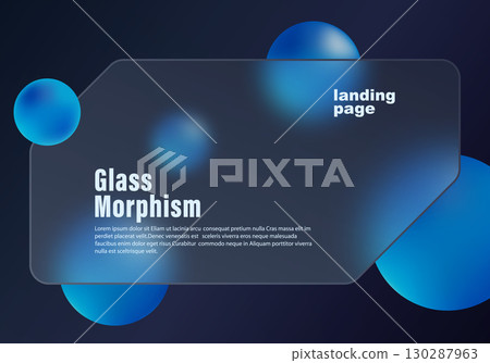 Landing page with blue spheres and glassmorphism panel on dark background Landing page with blue spheres and glassmorphism panel on dark background 130287963