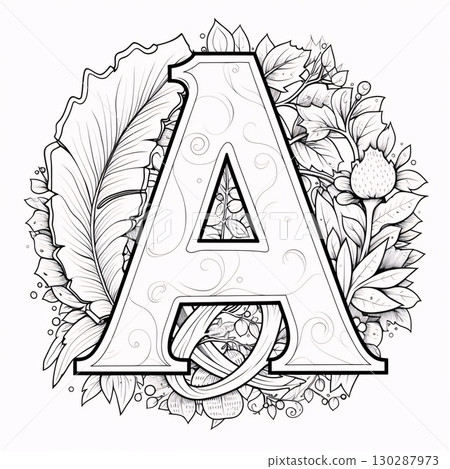 Letter A with floral ornament. Coloring book page for adults. Vector illustration. Letter A with floral ornament. Coloring book page for adults. Vector illustration. 130287973