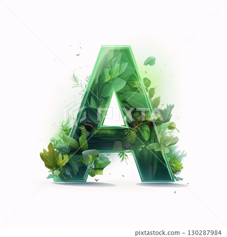 Green eco font. Letter A with green leaves, 3d rendering Green eco font. Letter A with green leaves, 3d rendering 130287984