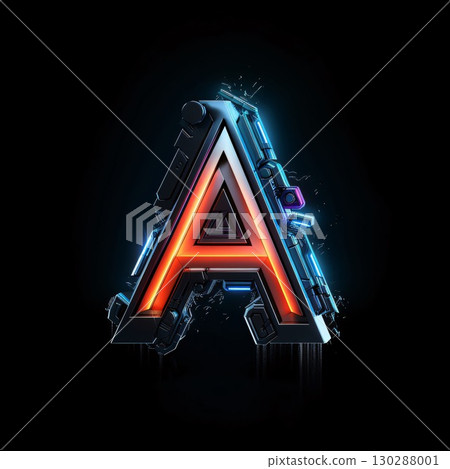 Neon letter A in futuristic style on dark background. 3d rendering Neon letter A in futuristic style on dark background. 3d rendering 130288001