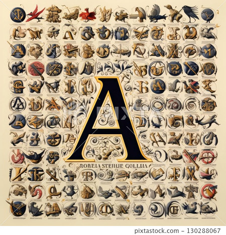 Vintage alphabet made of engraving. Uppercase letter A 130288067