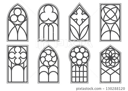 Gothic church window frames. Cathedral and castle architecture elements. Medieval vintage stained glass arches. Catholic classic interior decoration on white background. Door shapes with pattern Gothic church window frames. Cathedral and castle architecture elements. Medieval vintage stained glass arches. Catholic classic interior decoration on white background. Door shapes with pattern 130288120