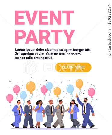 Event party celebration business people balloons confetti festive group walking holding drinks colorful background website banner 130288254