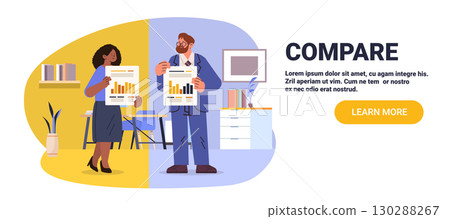 Business comparison concept two people holding charts analytics office background modern workspace website banner 130288267