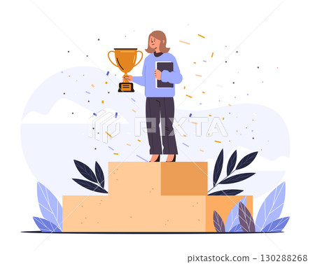 Winner trophy celebration podium achievement businesswoman standing on first place confetti leaves abstract background flat design 130288268