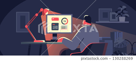 Businessman working late night office computer desk lamp documents modern workspace dark background bookshelves plant flat design 130288269