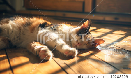 Calico cat taking a nap in the sunshine 130288309