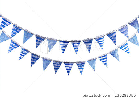 Hanging garland in the colors of the Bavarian flag. Garland in two rows on a white background. Copy space. 130288399