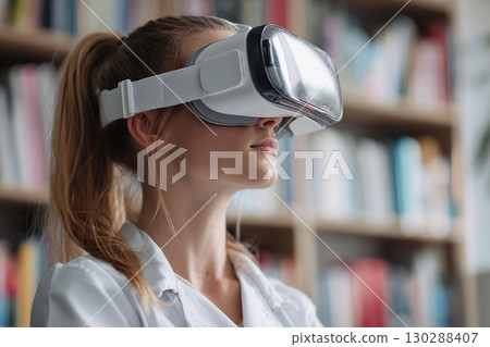 A girl student of European appearance studies literature using virtual reality glasses. In the background there are shelves with books, a library. 130288407