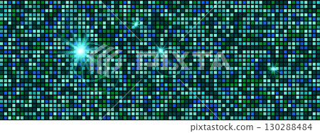 Abstract pattern featuring a mosaic of blue and green shaded squares with radiant white highlights. Disco ball background texture. Futuristic and modern illustration Abstract pattern featuring a mosaic of blue and green shaded squares with radiant white highlights. Disco ball background texture. Futuristic and modern illustration 130288484