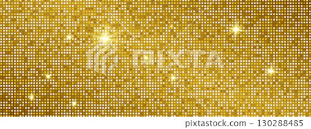 Disco ball background with texture and pattern for glitter and party. Sequin mirror wall shines bright with gold sparkle. Mosaic vector design. 130288485