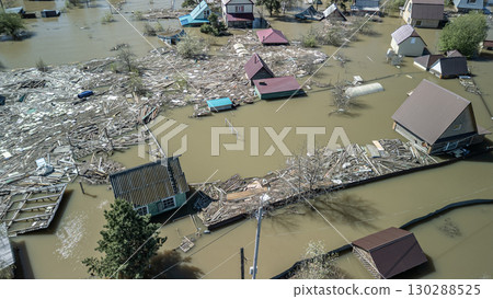 Global warming, floods on the planet.The apocalypse, catastrophes.Storms and destruction.Natural disasters,climate change,the riot of nature.The remnants of human life are floating in dirty water.End 130288525