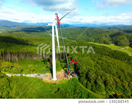秋季北海道江差町風力發電風力渦輪機建設工程鳥瞰圖 130288545
