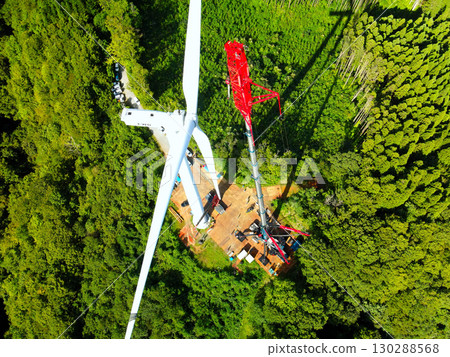 Aerial view of wind power generation wind turbine construction work in Esashi Town, Hokkaido in autumn Aerial view of wind power generation wind turbine construction work in Esashi Town, Hokkaido in autumn 130288568