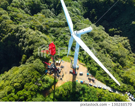 Aerial view of wind power generation wind turbine construction work in Esashi Town, Hokkaido in autumn Aerial view of wind power generation wind turbine construction work in Esashi Town, Hokkaido in autumn 130288570