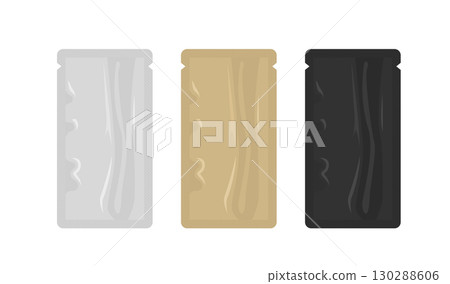 Set of realistic foil sachets for packaging silver, gold and black colors Set of realistic foil sachets for packaging silver, gold and black colors 130288606