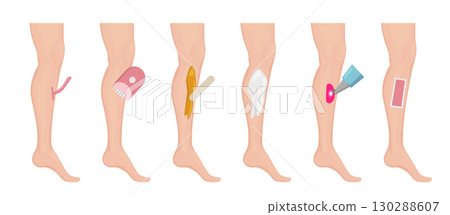 Different methods of hair removal showing legs and tools Different methods of hair removal showing legs and tools 130288607