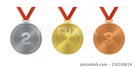 Gold, Silver and Bronze Medals Hanging from Red Ribbons 130288614