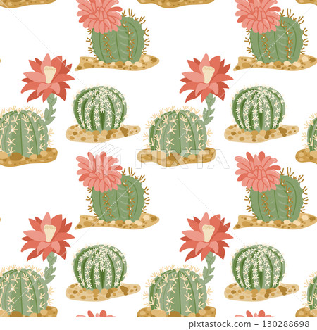 Seamless pattern with blooming round cacti and desert soil on white background Seamless pattern with blooming round cacti and desert soil on white background 130288698