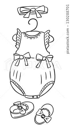 Line art of baby girl outfit with headband, romper and shoes decorated with bows Line art of baby girl outfit with headband, romper and shoes decorated with bows 130288701