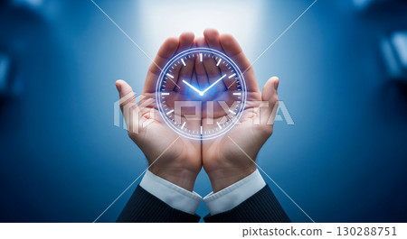 Businessman hands holding glowing clock icon, business time management and efficiency concept, deadline and schedule control on blue background, save time. Businessman hands holding glowing clock icon, business time management and efficiency concept, deadline and schedule control on blue background, save time. 130288751