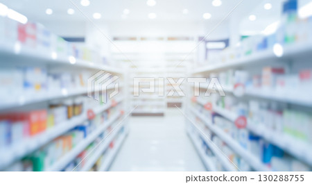 Abstract blur pharmacy background, brightly lit drugstore aisle with shelves of medicine, healthcare and medical retail concept for product display and presentation Abstract blur pharmacy background, brightly lit drugstore aisle with shelves of medicine, healthcare and medical retail concept for product display and presentation 130288755