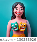 Woman with a colorful clay monster face 130288926