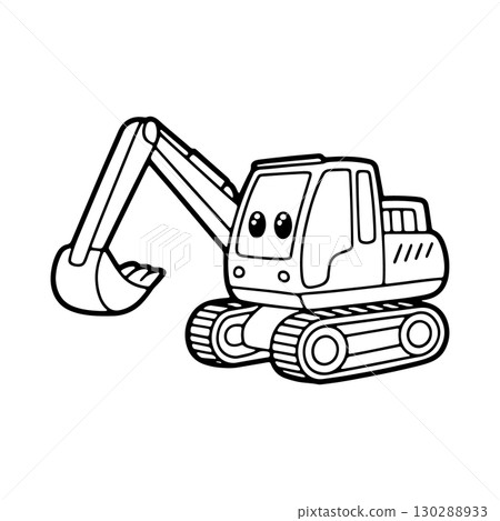 Cute cartoon excavator working on construction site during daytime with happy expression 130288933
