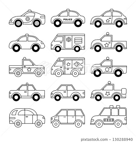 Collection of simple line drawings of various emergency and police vehicles in a grid layout suitable for educational purposes Collection of simple line drawings of various emergency and police vehicles in a grid layout suitable for educational purposes 130288940