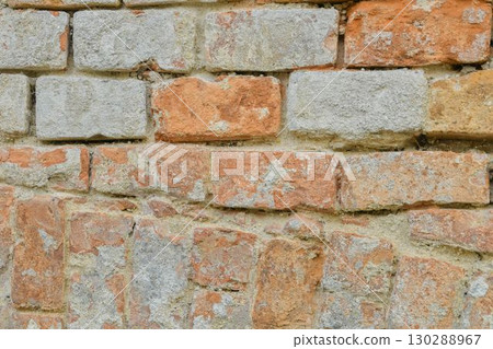 Old, battered masonry. Masonry stripped of plaster. Plaster remain on brick masonry. Concept of construction, renovation, and reconstruction of houses. 130288967