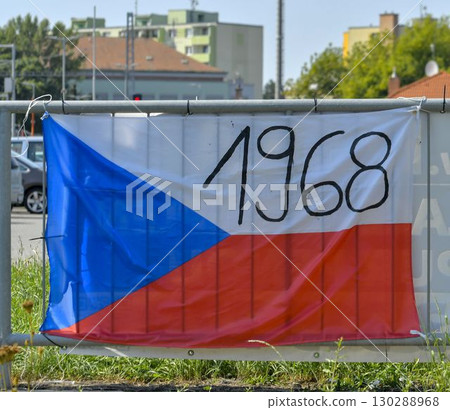 View of the Czech flag mounted on a railing. The flag shows the year 1968. On 20 21 August 1968, the Czechoslovak Socialist Republic was jointly invaded by four Warsaw Pact countries: the Soviet Union 130288968
