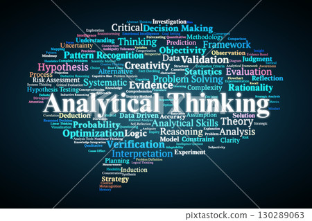 Analytical Thinking Word Cloud. Key Concepts On Problem Solving, Logic, Reasoning, Evidence, Creativity, And Decision Making In Critical And Strategic Contexts. 130289063