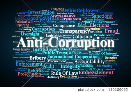 Anti-Corruption Word Cloud. Key Terms On Integrity, Accountability, Transparency, Governance, Fraud, Bribery, Justice, And Global Efforts To Combat Corruption. Anti-Corruption Word Cloud. Key Terms On Integrity, Accountability, Transparency, Governance, Fraud, Bribery, Justice, And Global Efforts To Combat Corruption. 130289065