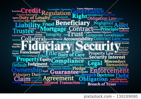 Fiduciary Security Word Cloud. Key Legal Concepts Of Trust, Ownership, Obligations, Duties, Ethics, Accountability, And Governance In Secured Transactions. 130289080