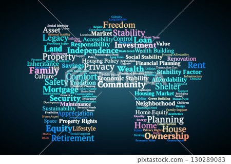 Home Ownership Word Cloud. Key Concepts On Security, Stability, Family, Investment, Wealth, And Social Identity Related To Having A Permanent Place To Live. Home Ownership Word Cloud. Key Concepts On Security, Stability, Family, Investment, Wealth, And Social Identity Related To Having A Permanent Place To Live. 130289083