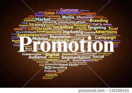 Promotion Word Cloud. Key Concepts On Marketing, Branding, Campaigns, Strategies, Consumer Engagement, Communication, And Business Growth. Promotion Word Cloud. Key Concepts On Marketing, Branding, Campaigns, Strategies, Consumer Engagement, Communication, And Business Growth. 130289103
